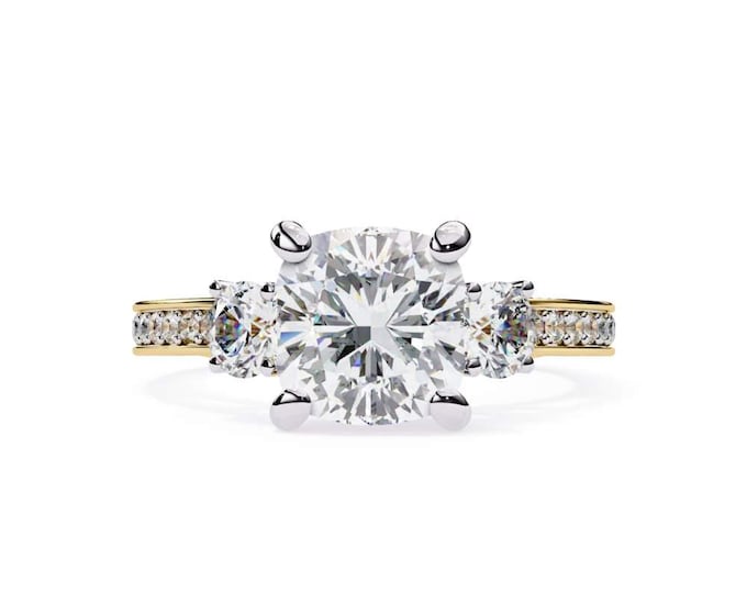 Cushion Cut Three Stone Moissanite Engagement Ring in White Gold – Elegant Bridal Jewelry, Timeless Wedding Anniversary Gift
