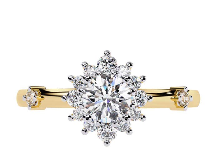 Snowflake Diamond Engagement Ring Unique Round Cut Floral Cluster in Yellow Gold Elegant  Bridal Ring Handmade Fine Jewelry Gift for Her