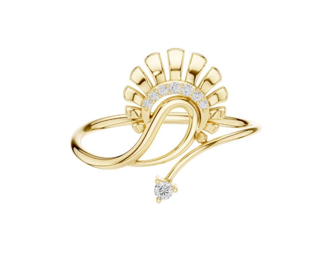 Radiant Infinity Round Cut Moissanite Ring with Diamond Studded Sunburst Design and Delicate Heart Shaped Accent For Customize Design Piece