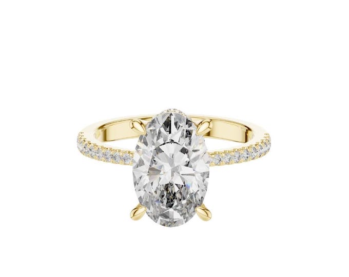 Oval Cut Engagement Ring Large Moissanite or Diamond Yellow Gold Pave Band Solitaire Bridal Ring Elegant Wedding Jewelry Gift for Her