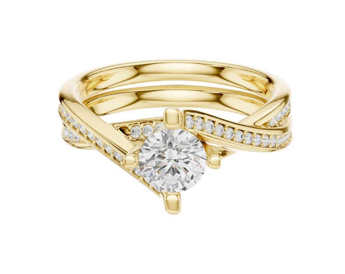 0.66 TCW Moissanite Diamond Ring Set Unique Twist Band Anniversary Gift Ring Gold Criss Cross Design with Pave Stones Bridal Jewelry Set