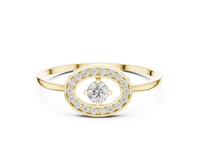 Gold Round Moissanite Ring Halo Setting Dainty Engagement Ring for Women Elegant Minimalist Jewelry Unique Promise Ring Gift for Her