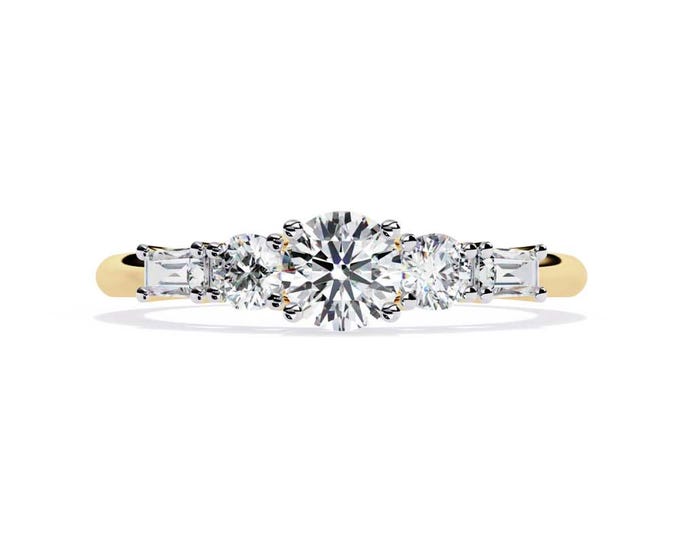 0.73 TCW Moissanite Diamond Anniversary Ring in Yellow Gold with Round Brilliant and Step Cut Accents for Her Modern Romantic Look