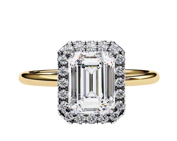 Emerald Cut 1.83 TCW Halo Moissanite Anniversary Ring Solitaire with Diamond Accent Elegant Bridal Ring Fine Wedding Jewelry Gift for Her