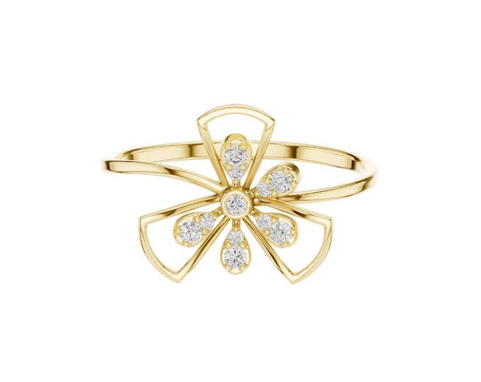 Round Moissanite Flower Ring with Petals Dainty Floral Openwork Ring 14K Gold Plated Stacking Ring Nature Inspired Ring for Someone