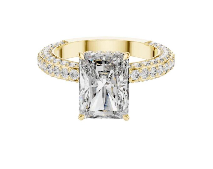 5.454 CT Radiant Cut Moissanite Engagement Ring Double Pavé Band Yellow Gold Solitaire Ring Elegant Radiant Cut Bridal Jewelry Anniversary