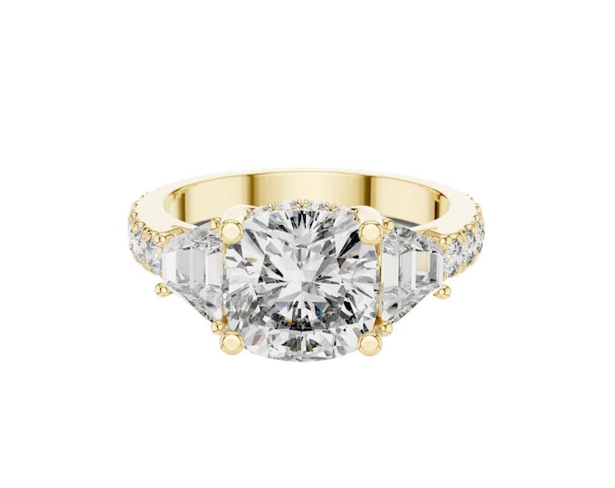 Dazzling Statement Moissanite Princess Cut Three Stone Engagement Ring in Gold Bridal Ring Elegant Anniversary or Proposal Jewelry Gift