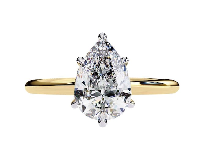 Elegant Teardrop Pear Cut Moissanite Solitaire Ring in Yellow Gold Modern Minimalist Engagement Ring Distinctive Timeless Bridal Gift