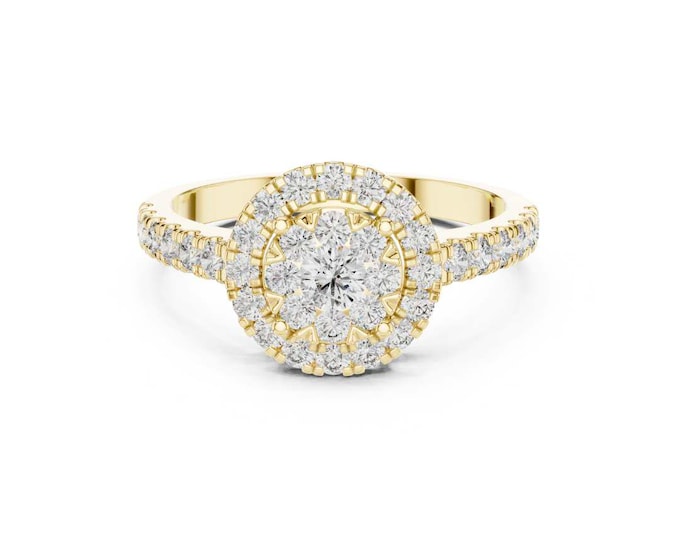 Round Cut Moissanite Halo Engagement Ring in Sterling Silver or Gold with Sparkling Pave Accents Elegant Bridal Jewelry for Proposal