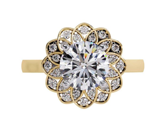 Vintage Floral Moissanite Engagement Ring in Yellow Gold Intricate Diamond Petal Halo Design Elegant Bridal Jewelry Gift