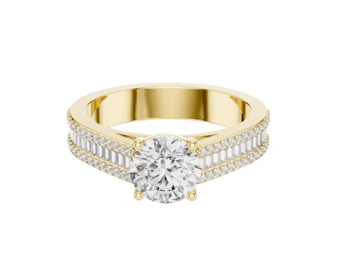 Elegant Gold Engagement Ring Double Band with Round & Baguette Solitaire Diamond Classic Bridal Statement Jewelry For Beautiful Girl