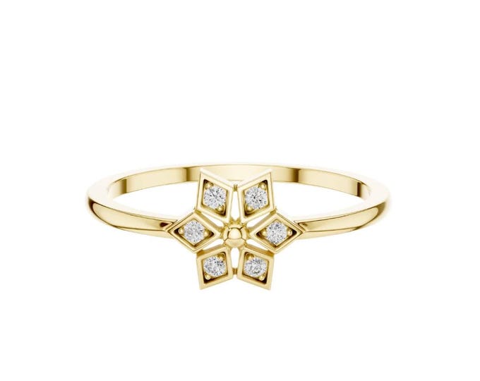 Gold Star Ring with Moissanite Round Cut Diamond Accents Dainty Celestial Ring Minimalist Gold Jewelry Star Promise Ring Gift for Her