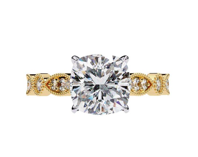 Cushion Cut Moissanite Engagement Ring 14K Yellow Gold Vintage-Inspired Band Antique Style Solitaire Ring Unique Handmade Ring for Her