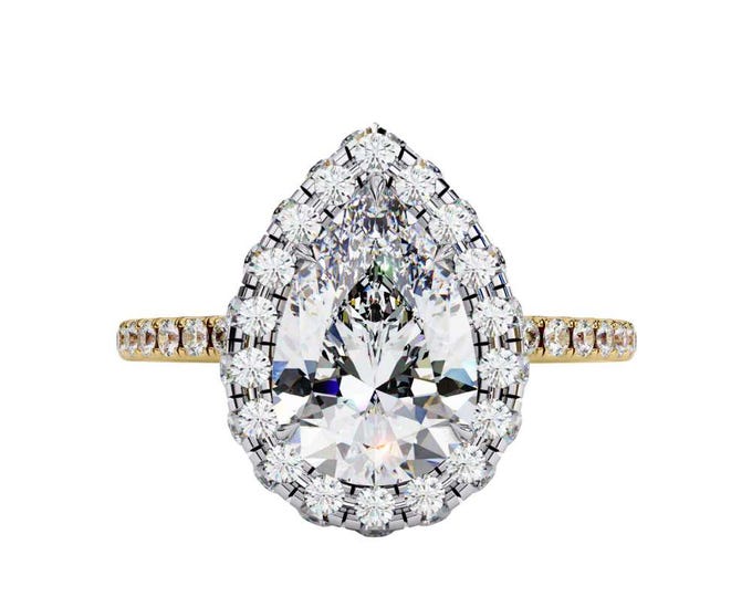Elegant Pear Shaped Moissanite Halo Ring 2.54 TCW with Dainty Diamond Band Custom Handcrafted Solitaire Ring Timeless Bridal Jewelry for Her