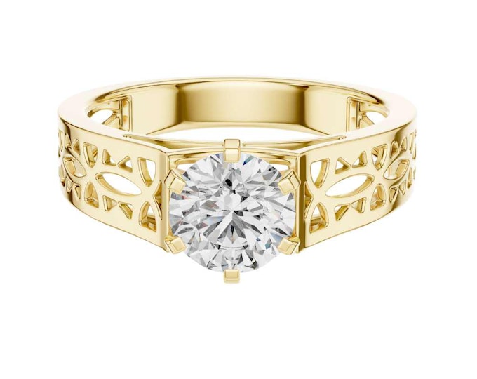 Dazzling Filigree Diamond Anniversary Ring Classic Solitaire Ring Vintage Inspired Floral Band Round Cut Promise Ring Unique Bridal Jewelry