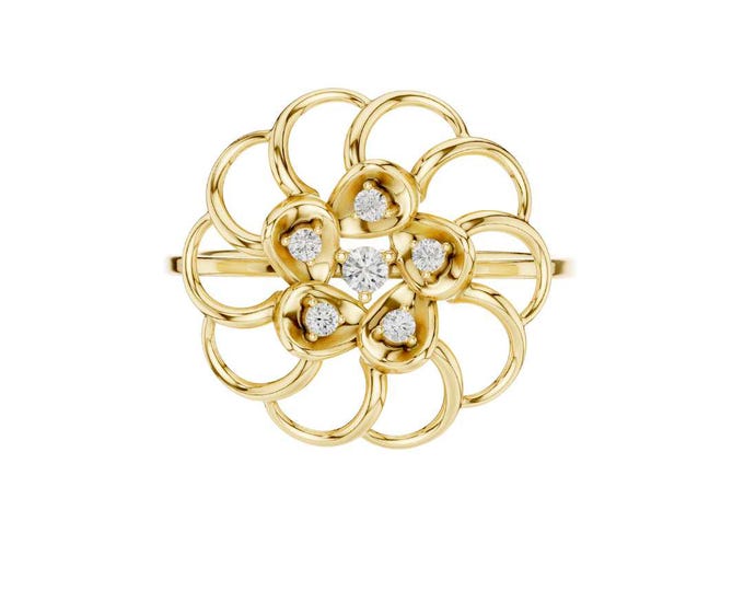 Vintage Gold Floral Diamond Brooch Elegant Retro Flower Pin with Open Petal Design Antique Style Jewelry for Women Classic Gift for Her