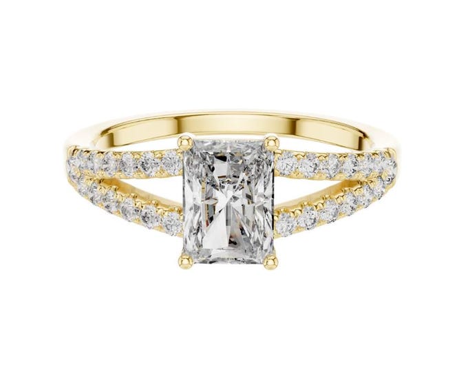 0.29 CT Radiant Cut Solitaire Engagement Ring with Split Shank Diamond Band in 14K Yellow Gold | Sparkling Pavé Set Diamond Bridal Ring