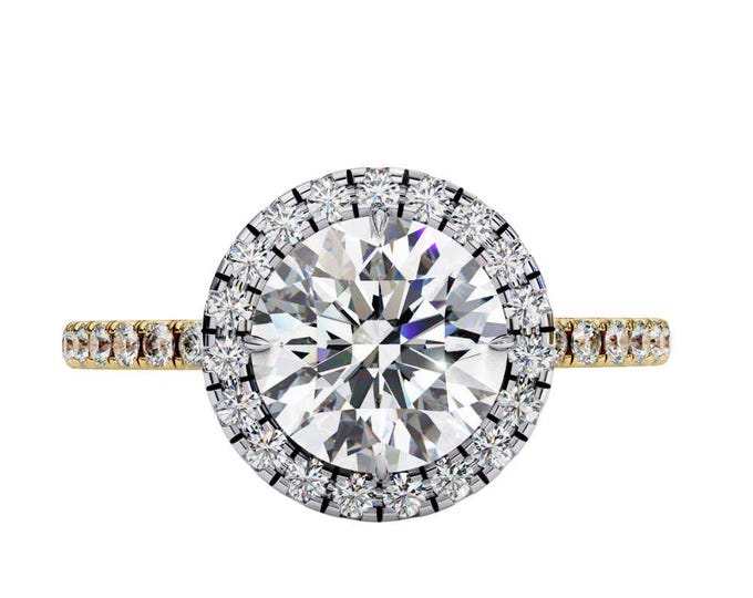 1.87 TCW Round Cut Moissanite Halo Wedding Ring in Yellow Gold with Pave Diamond Band Classic Elegant Fine Bridal Jewelry Timeless Ring