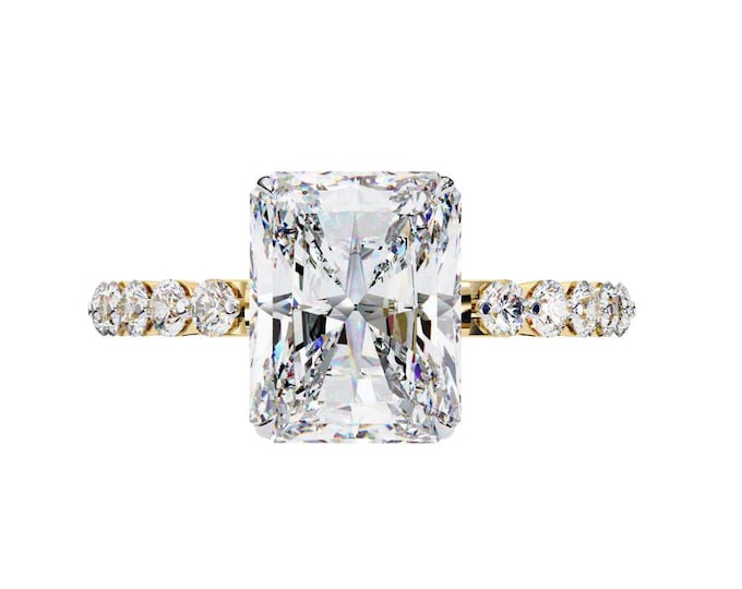 Unique Statement Wedding Jewelry Elegant Radiant Cut Diamond Solitaire Engagement Ring with Gold and Diamond Band for Love