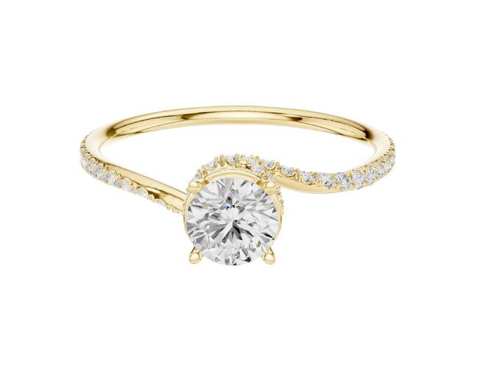 Delicate 14K Yellow Gold Solitaire Engagement Ring with Round Cut Diamond and Pave Diamond Band Minimalist Bridal Ring Elegant Promise Ring
