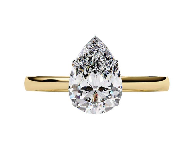 Teardrop Pear Cut Moissanite Solitaire Ring in Yellow Gold Modern Elegant Engagement Ring Distinctive Minimalist Bridal Jewelry for Women