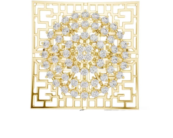 Vintage Floral Diamond Cluster Brooch in 18K Yellow Gold Geometric Filigree Lattice Pin Antique Style Statemen ring Elegant Anniversary Gift