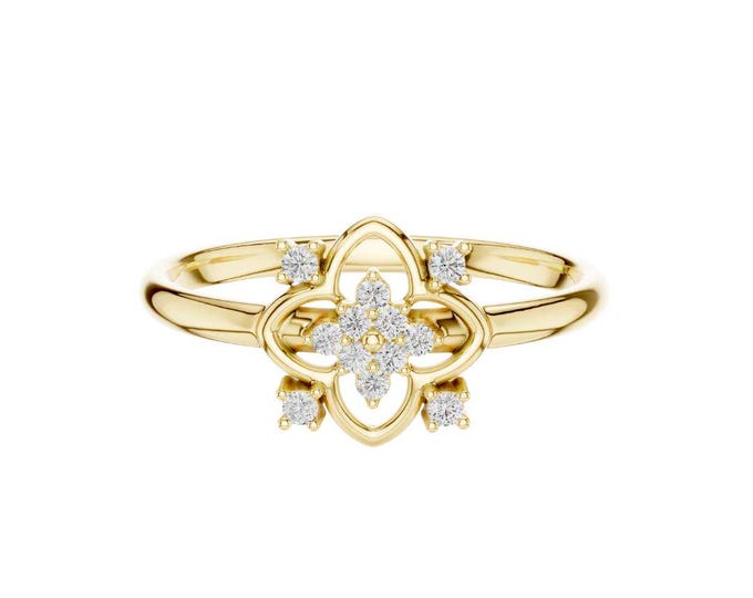 Elegant  Floral Diamond Ring Vintage-Inspired Petal Cluster Engagement Ring with Dainty Cubic Zirconia Accents Unique ring