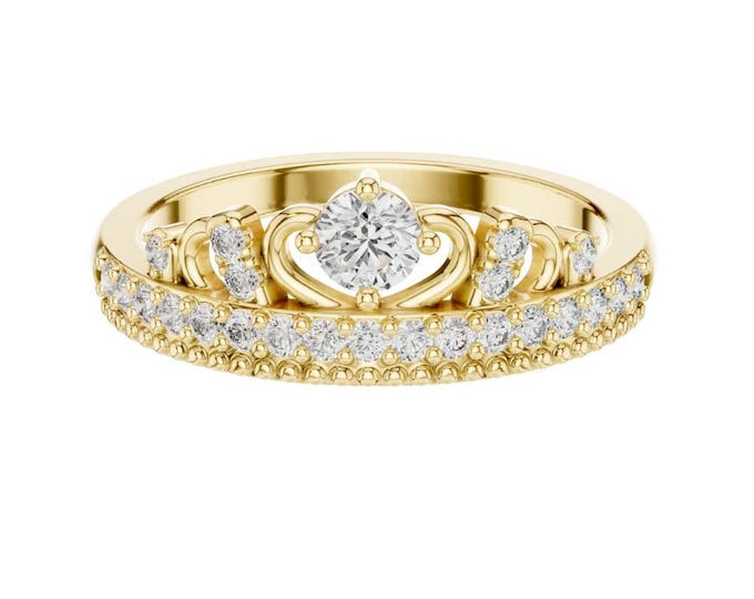 Elegant Vintage-Inspired Gold Diamond Ring  Round Cut Center with Pavé Band Intricate Scrollwork Setting Unique Bridal Engagement Ring