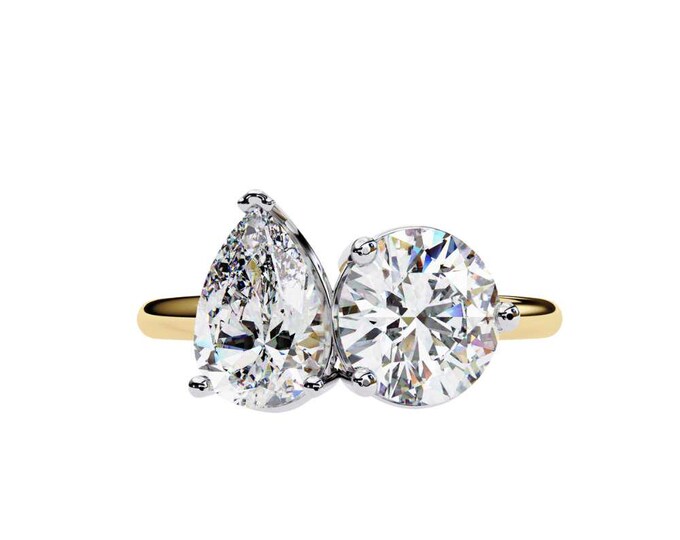 Two Stone Pear and Round Moissanite Ring in Yellow Gold, White Gold, Rose Gold Unique Bypass Bridal Ring Sparkling Wedding Jewelry Gift