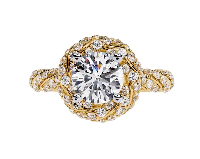 1.44 TCW Round Cut Diamond Wedding Ring in Yellow Gold Twisted Halo Design Vintage Inspired Diamond Ring Elegant Gold Bridal Jewelry