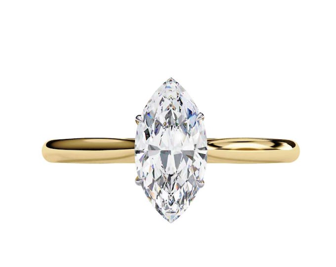 Marquise Cut Moissanite Solitaire Engagement Ring in Yellow Gold Timeless Minimalist Elegant Fine Bridal Jewelry for Beautiful Brides