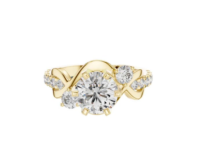 Unique Modern Engagement Ring Twisted Gold Band with Round Diamond Solitaire Artistic Sculptural Statement Bridal Jewelry