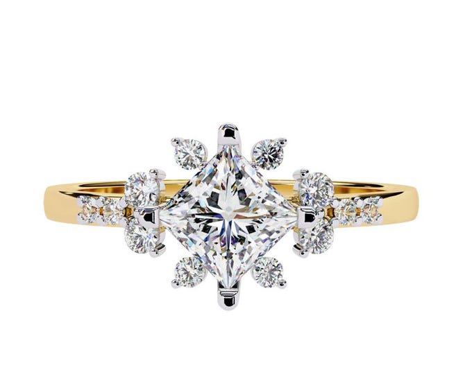 1.01 TCW Princess Cut Moissanite Ring with Floral Accent Unique Sparkling Bridal Anniversary Ring Luxury Wedding Jewelry Gift for Her