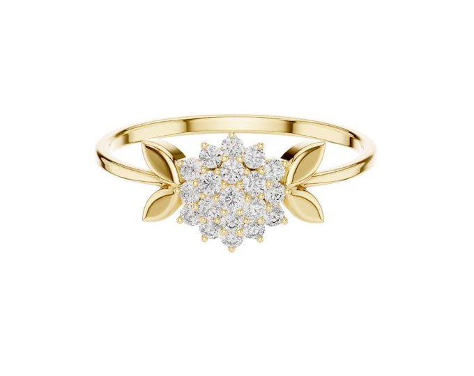 Round Moissanite Floral Leaf Ring Dainty Flower Engagement Ring with Cubic Zirconia Nature Inspired Botanical Ring Romantic Gift for Her