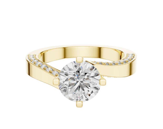 Shiny Round Cut Diamond Anniversary Ring with Twisted Band Solitaire with Accent Stones Unique Modern Gold Ring for Women Proposal Ring Gift