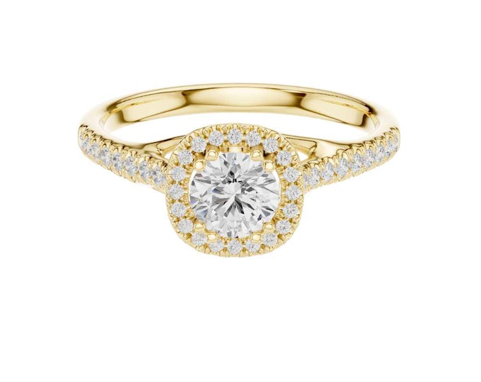 Halo Moissanite Ring with Round Cut Diamond Dainty Pave Band Ring Classic Solitaire Style Elegant Fine Wedding Ring Delicate Promise Gift