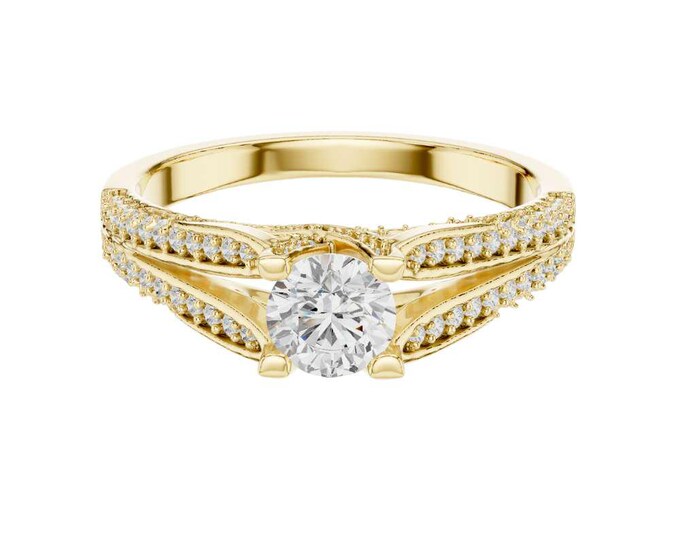 Dazzling Gold Split Shank Anniversary Ring Round Moissanite Center Stone Dainty Pave Diamond Band Vintage Style Bridal Ring Handmade Jewelry