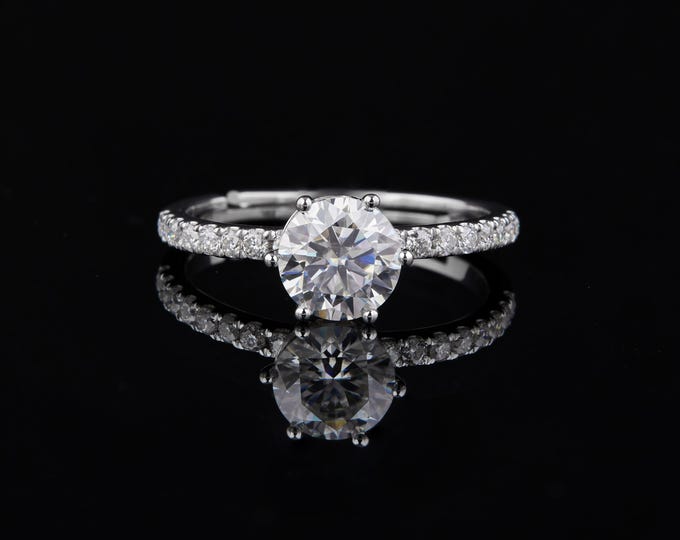 1.5 TCW Dainty Moissanite Engagement Ring Round Cut Solitaire with Pave Band Minimalist Promise Ring White Gold Plated Bridal Jewelry