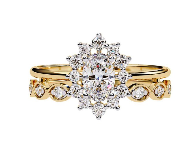 Vintage Inspired Oval Halo Ring Set Yellow Gold Moissanite Bridal Ring Unique Antique Style Wedding Jewelry with Matching Band for Women