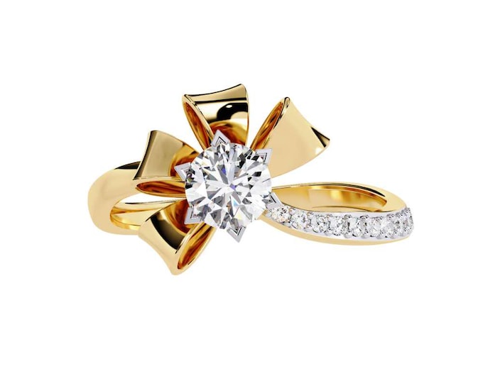 Elegant Gold Bow Wedding Ring with Round Diamond Solitaire and Pave Diamond Band Unique Statement Bridal Ring Vintage style Luxury Jewelry
