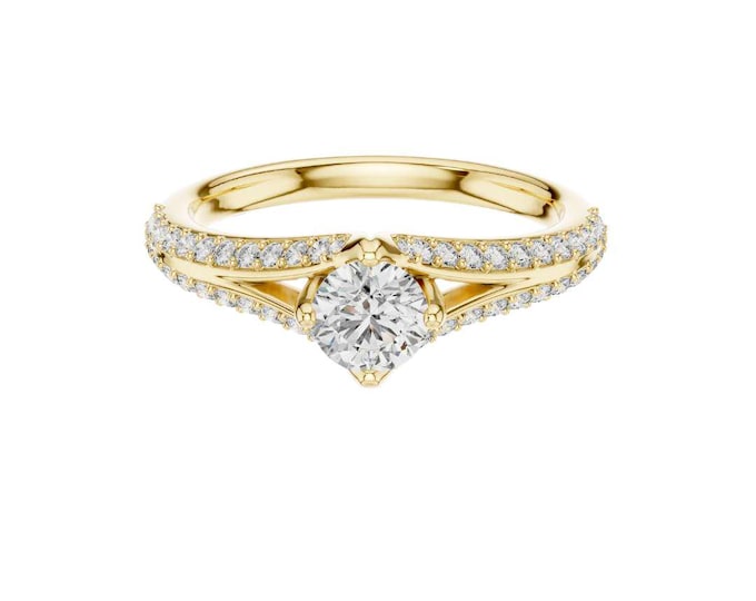 Round Cut Moissanite Engagement Ring Split Shank 14k Gold Hidden Halo Elegant Bridal Jewelry Timeless Wedding Ring Classy Look For Wedding