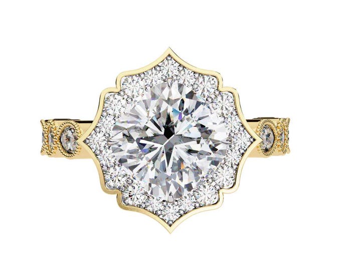 Vintage Inspired Round Moissanite Engagement Ring in Yellow Gold with Intricate Halo Design Elegant Antique Style Bridal Gift for Her