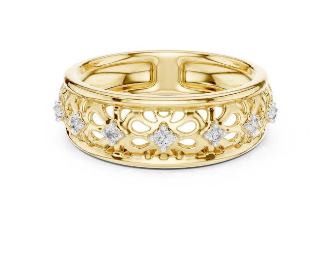 Filigree Moissanite Band Ring Vintage Inspired Gold with Diamond Accents One of a Kind Bridal Jewelry Statement Anniversary Ring