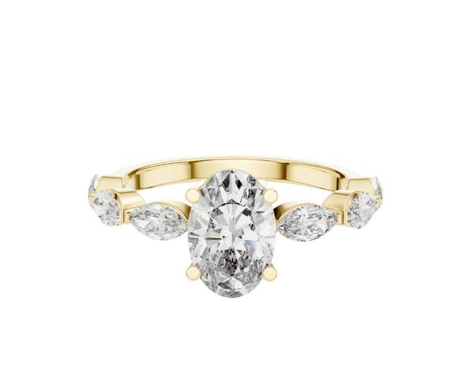 Luxury Oval cut diamond engagement ring in gold with marquise side stones elegant three stone bridal ring fine jewelry anniversary gift