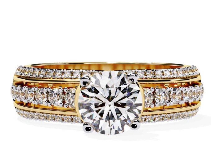 1.23 TCW Yellow Gold Solitaire Ring with Round Brilliant Diamonds Elegant Double Pave Band Design Vintage Inspired Ethical Bridal Jewelry