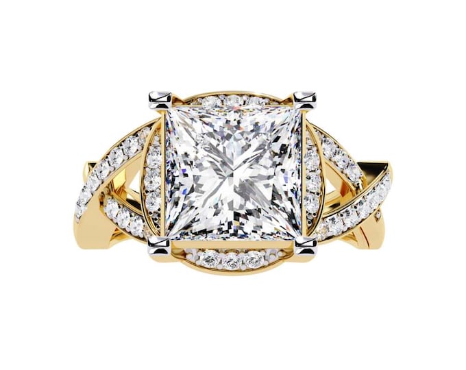 Perfect Princess Cut Diamond Wedding Ring 3.47 TCW in Yellow Gold with Side Pave Accents Luxury Bridal Jewelry Anniversary Gift Ring