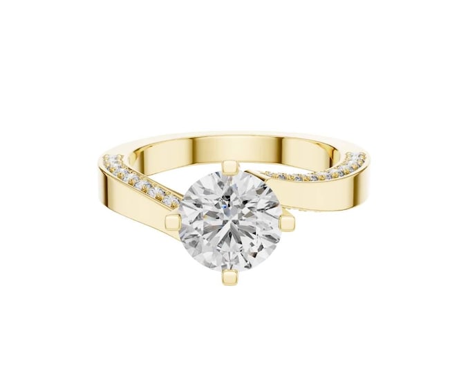 Round Cut Moissanite Engagement Ring Pave Band Sterling Silver or Gold Elegant Bridal Jewelry for Proposal Wedding and Timeless Style