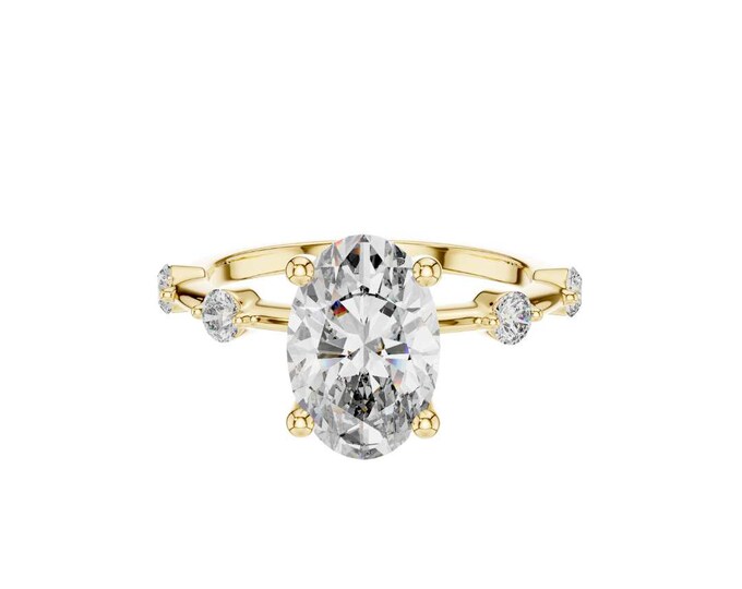 Elegant Oval Cut Solitaire Ring with Round Accent Side Stones in Gold Modern Minimalist Diamond Moissanite Bridal Jewelry Gift for Her