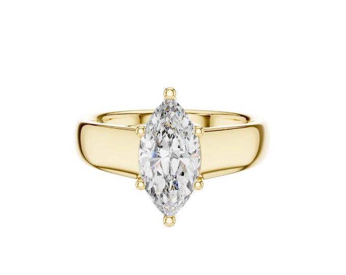 Fantastic Marquise Cut Diamond Moissanite Engagement Ring Yellow Gold Wide Band Solitaire Ring Modern Statement Bridal Jewelry