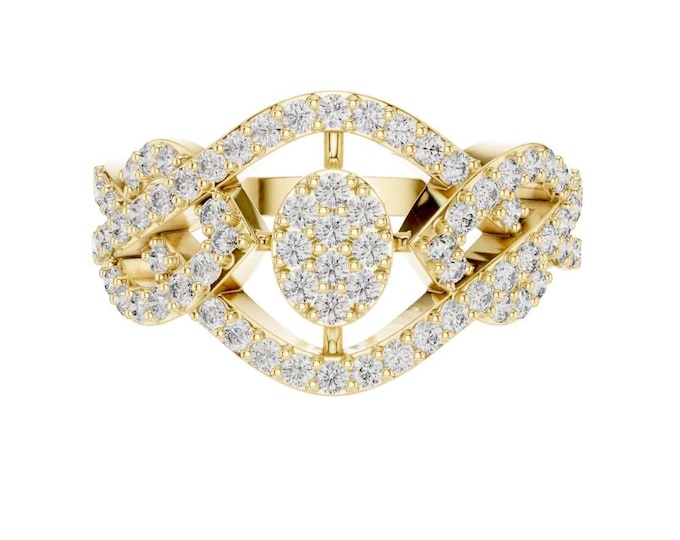 Classic Gold Round Cluster Diamond Ring with Intricate Infinity Design  Vintage Inspired Statement Band Luxury Cocktail Jewelry for Women